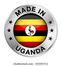 Made in Uganda silver badge and icon with central glossy Ugandan flag symbol and stars. Vector EPS10 illustration isolated on white background.