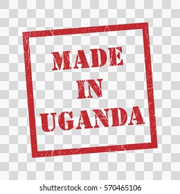 made in Uganda text rubber seal stamp watermark. Caption inside rounded rectangular banner with grunge design and dirty texture. Slanted vector ink sticker on transparent background