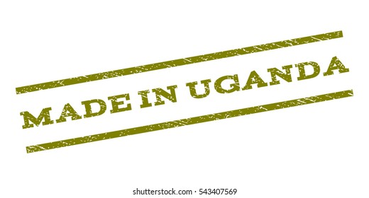 Made In Uganda watermark stamp. Text caption between parallel lines with grunge design style. Rubber seal stamp with dirty texture. Vector olive color ink imprint on a white background.