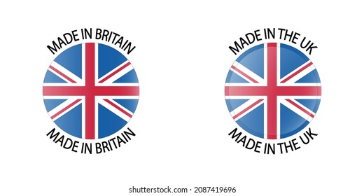 Made in the UK 3d button. Round label with British flag. High quality product mark. Glossy sticker. Round icon. Badge. Product of Britain. Manufactured in Europe. United Kingdom