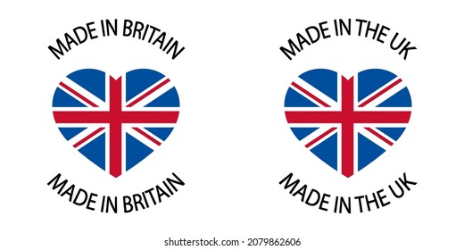 Made in the UK 3d icon. Heart-shaped label with British flag. High quality product mark. Glossy sticker. Badge. Product of Britain. Manufactured in Europe. United Kingdom