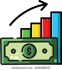 Made in UK bill with chart and arrow pointing up vector icon. Suitable for business growth concept or economic trends presentation.