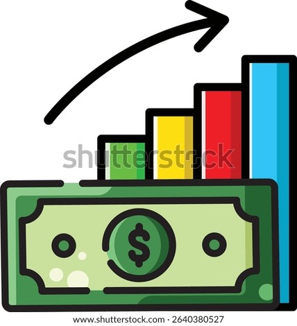 Made in UK bill with chart and arrow pointing up vector icon. Suitable for business growth concept or economic trends presentation.