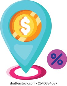 Made in UK blue location pin with dollar coin inside vector icon flat style. Suitable for finance or business concepts related to UK investments. Blue location pin with dollar coin, UK investment