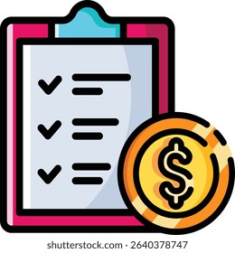 Made in the UK checklist with a dollar coin for success vector icon. Suitable for business, financial, investment, and European market concepts.
