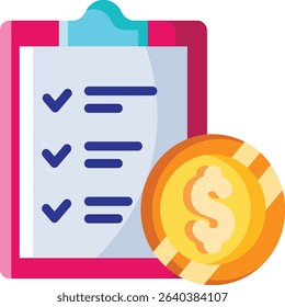 Made in the UK checklist with a dollar coin for success vector icon flat style. Suitable for business