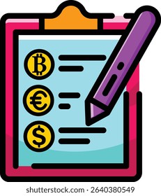 Made in UK clipboard with pen, currency symbols vector icon. Suitable for business, finance, UK related concepts, presentations, websites, social media.