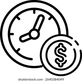 Made in the UK a clock and dollar coin vector icon outline style, perfect for finance or time management concepts in design.