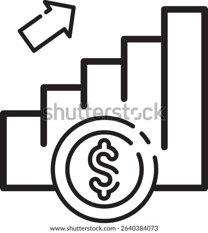 Made in UK coin with dollar sign on bar graph vector icon outline style. Suitable for finance, investments, UK economy concepts in design.