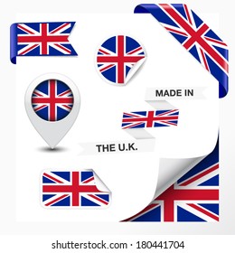 Made in The U.K. collection of ribbon, label, stickers, pointer, badge, icon and page curl with United Kingdom flag on design element. Vector EPS 10 illustration isolated on white background. svg