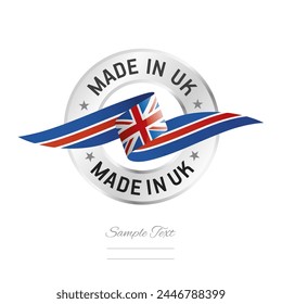 Made in UK. UK flag ribbon with circle silver ring seal stamp icon. UK sign label vector isolated on white background