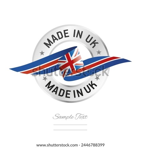 Made in UK. UK flag ribbon with circle silver ring seal stamp icon. UK sign label vector isolated on white background