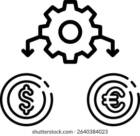 Made in UK gear connected to dollar and euro coins representing global trade vector icon outline style