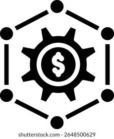 Feito no Reino Unido um ícone de vetor de engrenagem sólido com um sinal de dólar dentro conectado a seis círculos simboliza o crescimento interconectado dos negócios.