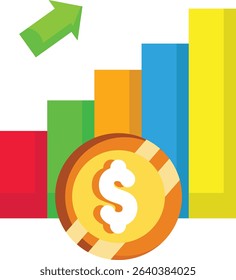 Made in UK gold coin with dollar sign on bar graph vector icon flat style. Suitable for finance, investments, UK economy concepts in design.