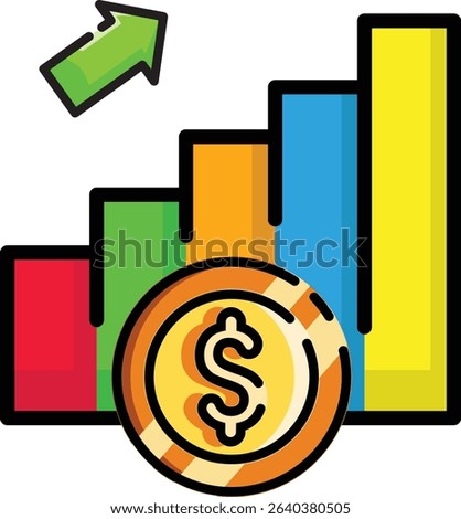Made in UK gold coin with dollar sign on bar graph vector icon. Suitable for finance, investments, UK economy concepts in design.