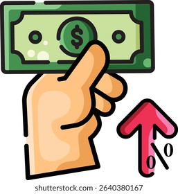 Made in UK hand proudly holding a US dollar bill indicates financial success and international investment opportunities vector icon. Business and finance concepts.
