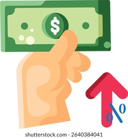 Made in UK hand proudly holding a US dollar bill indicates financial success and international investment opportunities vector icon flat style. Business and finance concepts.