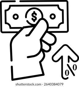 Made in UK hand proudly holding a US dollar bill indicates financial success and international investment opportunities vector icon outline style. Business and finance concepts.