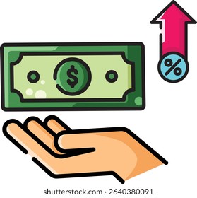 Made in UK hand shows dollar bill with arrow and percent sign vector icon. Suitable for finance, economy, UK market growth concepts.