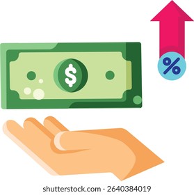 Made in UK hand shows dollar bill with arrow and percent sign vector icon flat style. Suitable for finance, economy, UK market growth concepts.