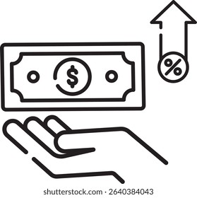 Made in UK hand shows dollar bill with arrow and percent sign vector icon outline style. Suitable for finance, economy, UK market growth concepts.