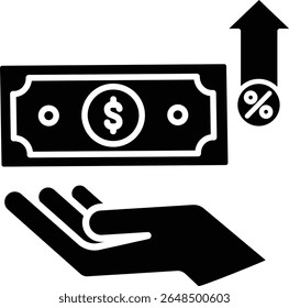 Made in UK hand shows dollar bill with arrow and percent sign vector icon solid style. Suitable for finance, economy, UK market growth concepts.