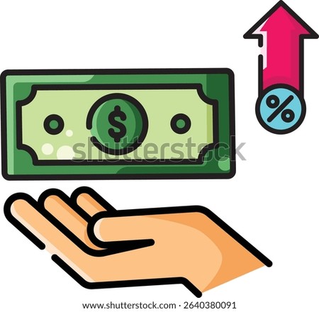 Made in UK hand shows dollar bill with arrow and percent sign vector icon. Suitable for finance, economy, UK market growth concepts.
