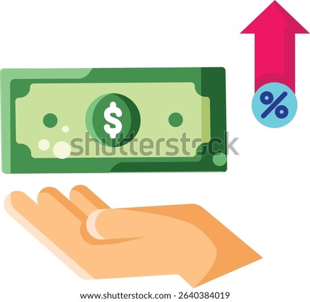 Made in UK hand shows dollar bill with arrow and percent sign vector icon flat style. Suitable for finance, economy, UK market growth concepts.