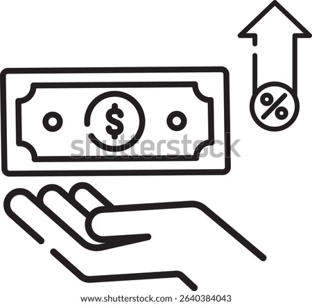 Made in UK hand shows dollar bill with arrow and percent sign vector icon outline style. Suitable for finance, economy, UK market growth concepts.