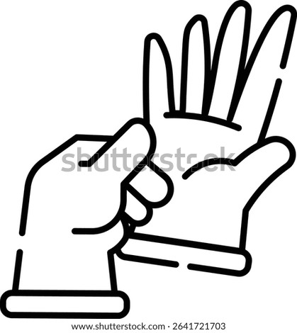 Made in UK Hygiene is paramount hand putting on a glove vector icon outline style, ideal for medical, healthcare, hygiene, safety, protective gear, pandemic concept.