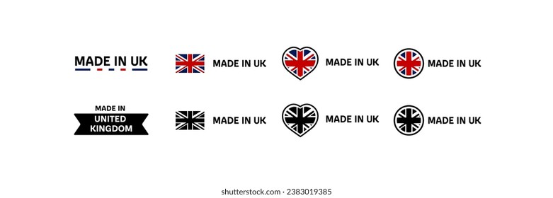 Hecho en íconos del Reino Unido. Diferentes estilos, Hecho en el Reino Unido icono con bandera, corazón. Iconos del vector