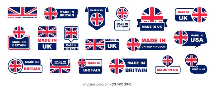 Made in UK labeling set. Collection of label made in UK. United Kingdom product emblem. Vector illustration.