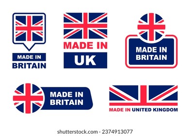 Made in UK labeling set. Collection of label made in UK. United Kingdom product emblem. Vector illustration.