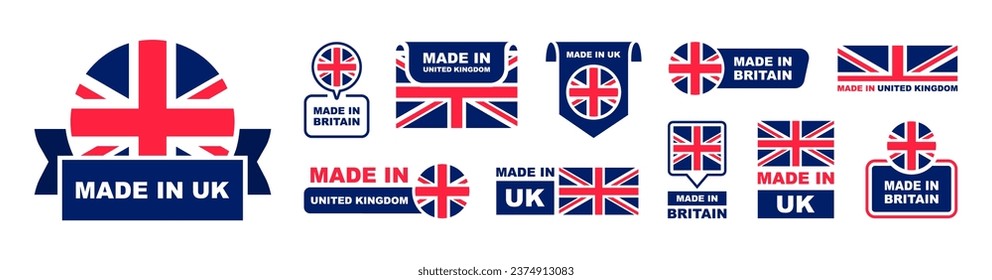 Made in UK labeling set. Collection of label made in UK. United Kingdom product emblem. Vector illustration.