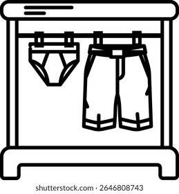 Made in UK Laundry day bliss blue shorts and underwear on red clothes rack vector icon. Suitable for household products, laundry services, clothing brands.