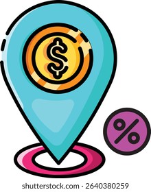Made in UK location pin with dollar coin inside vector icon. Suitable for finance or business concepts related to UK investments. Blue location pin with dollar coin