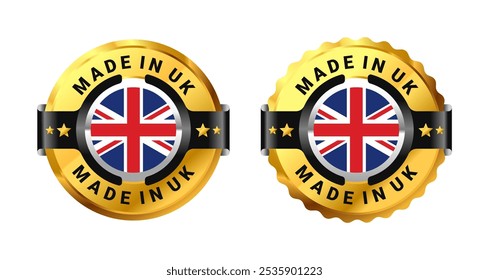 Made in UK logo a gold circle with a picture of a flag in the middle. For icon, stamp, label, badge, mark, sign, seal, sticker, symbol, etc. Modern and minimalist. Vector Illustration