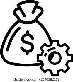 Made in UK money bag and gear symbolize financial strength vector icon outline style, suitable for finance related projects highlighting British financial stability.