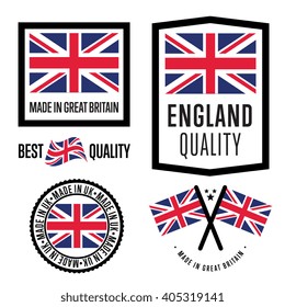 Made in UK. Original product manufactured in Britain badge, stamp, sticker collection. Emblem with grunge national flag of United Kingdom. Made in UK icon illustration. Vector label isolated set
