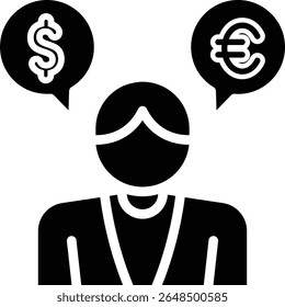 Made in UK, a person pensively contemplates the currencies of dollar and euro in a thought provoking and relevant financial concept vector icon solid style
