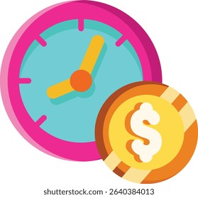 Made in the UK a pink clock and gold dollar coin vector icon flat style, perfect for finance or time management concepts in design.