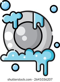 Made in the UK  Plate with soap suds suitable for household cleaning product advertisements vector icon, kitchen hygiene blog posts