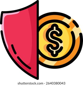 Made in UK red shield protecting golden coin vector icon, ideal for financial, patriotic, and security concepts in design projects.