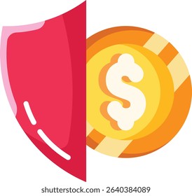Made in UK red shield protecting golden coin vector icon flat style, ideal for financial, patriotic, and security concepts in design projects.