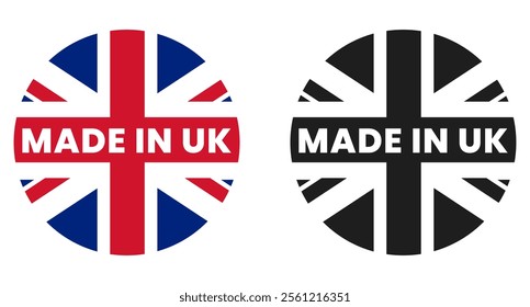 Made In UK round stamp, sticker with United Kingdom Flag. Colorful and Black and White vector illustration