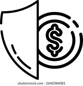 Made in UK shield protecting coin vector icon outline style, ideal for financial, patriotic, and security concepts in design projects.