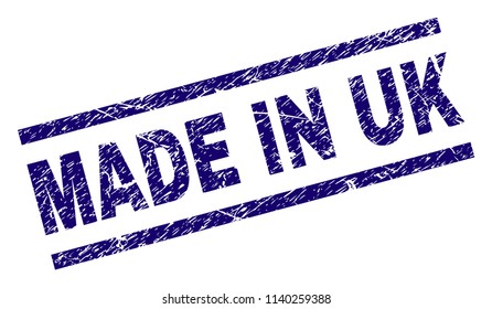 MADE IN UK stamp seal watermark with grunge style. Blue vector rubber print of MADE IN UK caption with grunge texture. Text caption is placed between parallel lines.