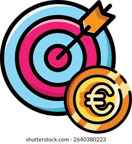  Made in UK target with arrow hitting bulls eye and euro coin vector icon. Suitable for business success, marketing strategies, UK investments.