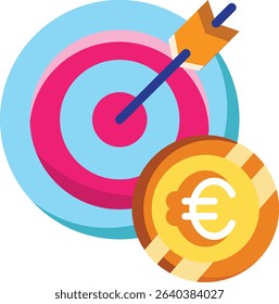  Made in UK target with arrow hitting bulls eye and euro coin vector icon flat style. Suitable for business success, marketing strategies